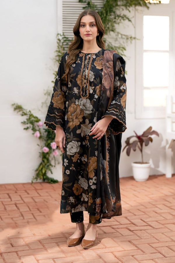 Baroque 3Pcs Black & Earth-Tone Floral Printed Suit